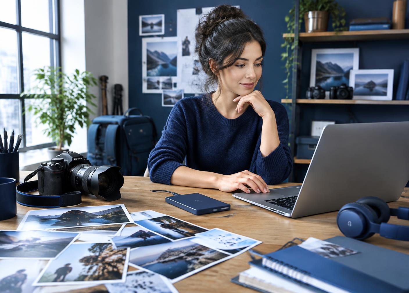 Creator organizing photography files at a desk
