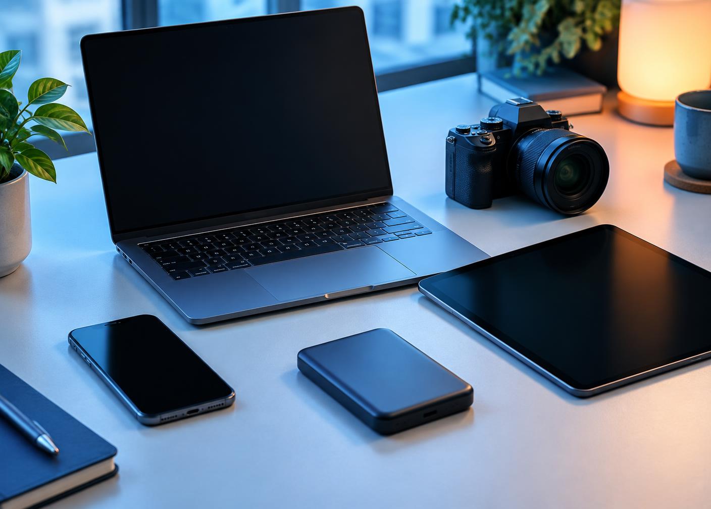 Laptop, phone, tablet, and camera ready for backup