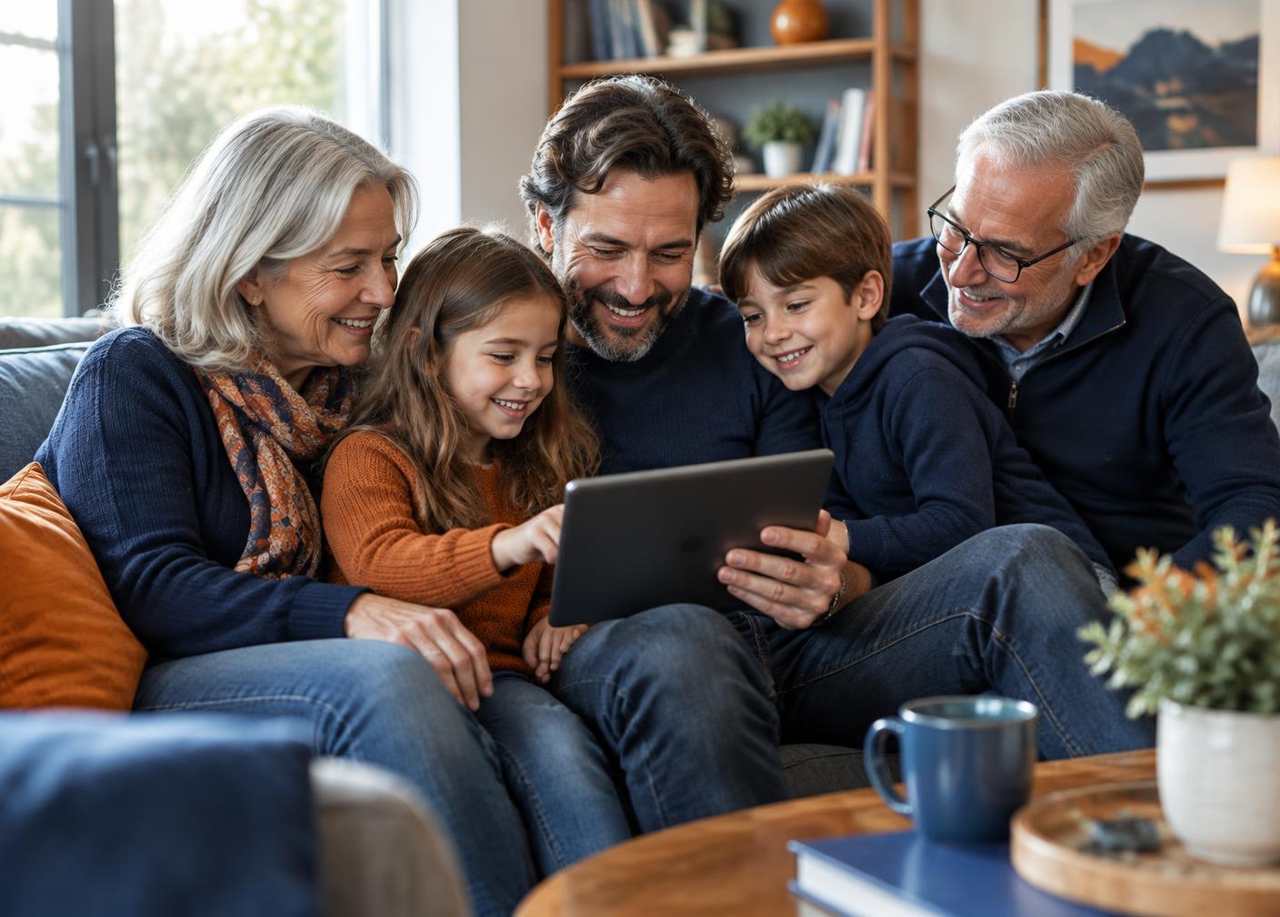 Family looking at photos together on a tablet